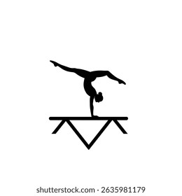 Black Silhouette Icon A gymnast performing a handstand on the balance beam, in a minimalistic silhouette style on a white background
