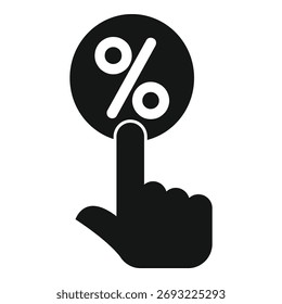 Icono de silueta negro de un cursor de mano haciendo clic en un símbolo de porcentaje de descuento