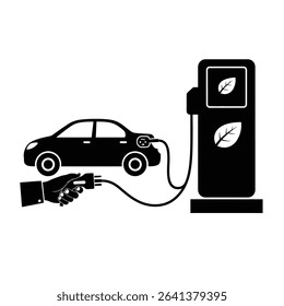 Black Silhouette Icon a Hand Plugging in an Electric Car Beside a Charging Station With a Leaf Icon