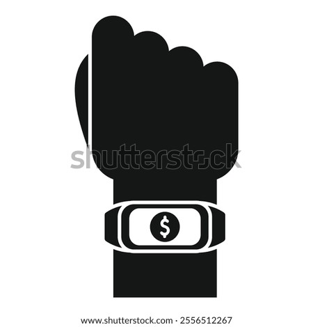 Black silhouette icon of a hand wearing a smartwatch showing a dollar sign