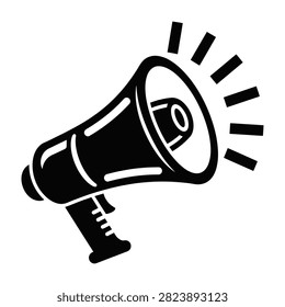 Black silhouette icon of a handheld megaphone isolated on a white background. Perfect for representing public announcements, marketing campaigns, news, and promotion.