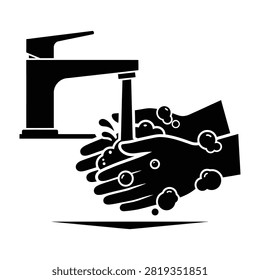 Black silhouette icon of hands being washed under a water faucet to promote hygiene, health, and cleanliness. Perfect for public health signage and safety posters.