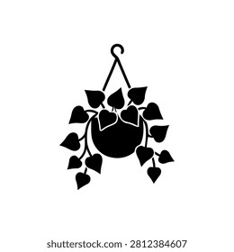 Black silhouette icon of hanging planter with lush trailing leaves and vines. Beautiful botanical graphic element ideal for interior design concepts or houseplant collections and garden decoration.