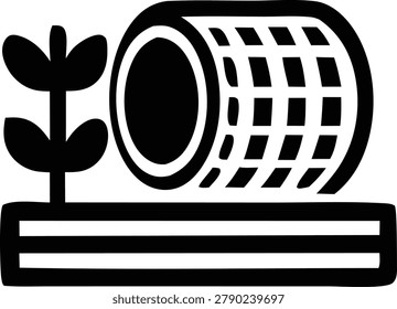 Black silhouette icon of hay bale stacked in field with plants showing agricultural landscape imagery. Simple graphic element designed for rural farming project or harvest theme.