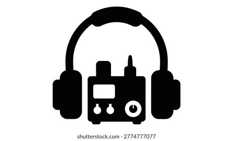 Black silhouette icon of a headphone amplifier device with headphones, representing audio equipment or its use for enhanced sound.