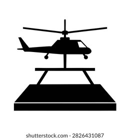 Black silhouette icon of a helicopter on a landing pad with helicopter transportation aircraft silhouette