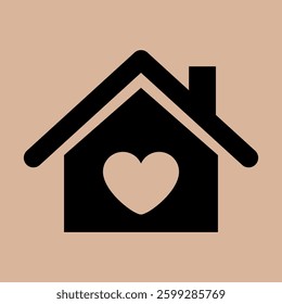 Black Silhouette Icon of House with Heart on Beige Background, Symbolizing Home, Love, Family, Comfort, Care, and Real Estate. Minimalist and Modern Design for Housing, Safety, and Property Concepts.