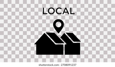 Icono de silueta negra de casas con un pin de mapa sobre un fondo a cuadros transparente, que simboliza la comunidad o ubicación local.