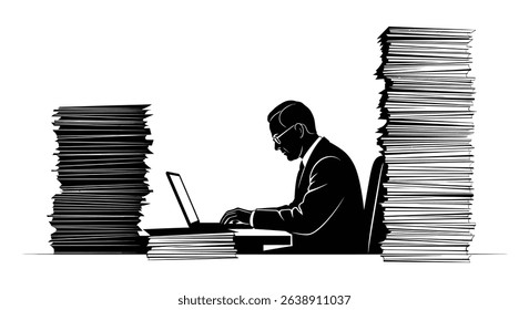 Black Silhouette Icon a Journalist Sitting at a Desk Typing on a Laptop, Surrounded by Paper Stacks
