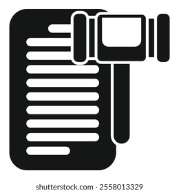 Black silhouette icon of a judge's gavel coming down on a legal document, representing a verdict or judgment