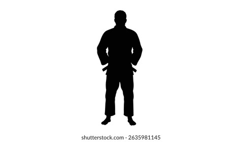 Ícone de silhueta preta Um atleta de judô apertando seu cinto preto antes da competição, em um estilo de silhueta minimalista em um fundo branco