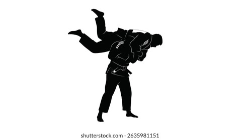 Black Silhouette Icon A judo athlete mid-air being flipped during a dramatic move, in a minimalistic silhouette style on a white background