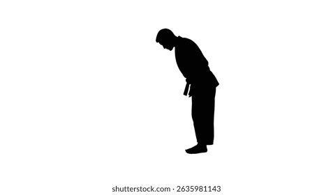 Ícone de silhueta preta Um mestre de judô curvando-se respeitosamente antes de uma partida, em um estilo de silhueta minimalista em um fundo branco