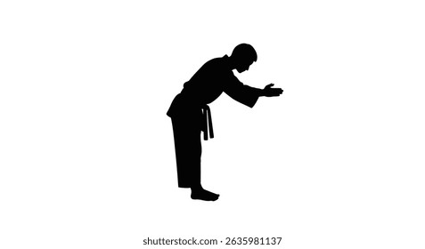 Ícone de silhueta preta Um estudante de karatê curvando-se respeitosamente antes de começar uma partida, em um estilo de silhueta minimalista em um fundo branco 