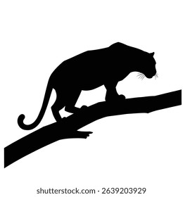 Black Silhouette Icon a Leopard Crouching on a Tree Branch, Tail Dangling