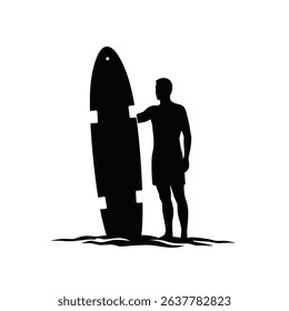 Black Silhouette Icon a Lifeguard Standing Beside a Rescue Board Planted Upright in the Sand