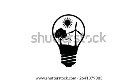 Black Silhouette Icon a Light Bulb Filled With a Tree, Sun, and Wind Turbine Inside, Representing Green Innovation