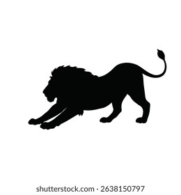Black Silhouette Icon a Silhouette of a Lion Stretching After Rest, Front Paws Extended Forward