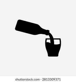 Black silhouette icon of a liquid beverage pouring smoothly from a glass bottle into a drinking glass. A clean, modern minimalist design suitable for water, juice, soda, alcohol, pub, restaurant, catering, healthy lifestyle, and hydration concepts. Easy to use for graphic design, web design, and print materials.