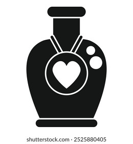 Black silhouette icon of a love potion bottle with a heart pendant hanging on a string