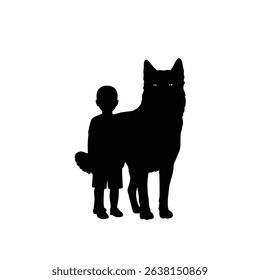 Black Silhouette Icon a Loyal Dog Standing Beside a Child, Both Facing Forward