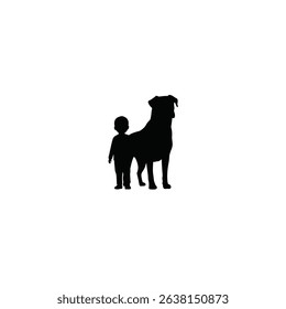 Black Silhouette Icon a Loyal Dog Standing Beside a Child, Both Facing Forward