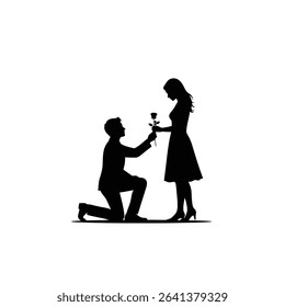 Black Silhouette Icon a Man Kneeling and Offering a Rose to His Partner, Representing Romantic Gestures