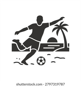 Black Silhouette Icon of a Man Playing Beach Soccer with a Palm Tree and Sunset Background