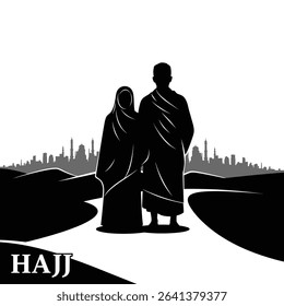Black Silhouette Icon a Man and Woman in Hajj Garments Peacefully Standing With a Desert Skyline Behind 