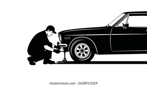 Black Silhouette Icon a Mechanic Crouching Beside a Car, Tightening Bolts on a Tire