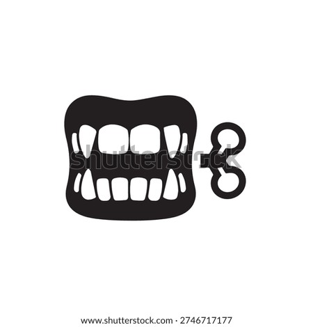  Black silhouette icon of mechanical clockwork teeth prank prop.
