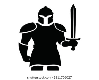 Black silhouette icon of a medieval knight holding a long sword in his hand
