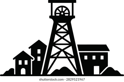 Black silhouette icon of a mining headframe tower with industrial buildings and piles of ore, representing mining operations and extraction industry.