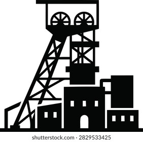 Black silhouette icon of a mining headframe or winding tower, representing industrial extraction, coal mining, or mineral processing facilities.