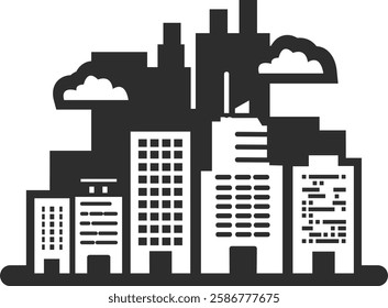 Black silhouette icon of a modern big city, urbanization, town, houses and clouds.