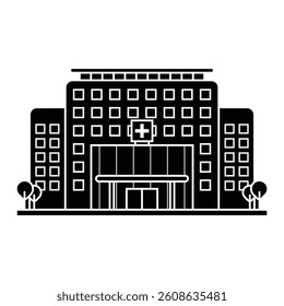 Black silhouette icon of a modern hospital with trees, windows, and cross symbol, representing healthcare infrastructure. Vector glyph format, ideal for maps, apps, or health content.