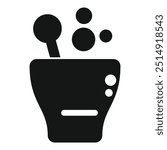 Black silhouette icon of a mortar and pestle mixing a potion, showing bubbles rising from the mixture