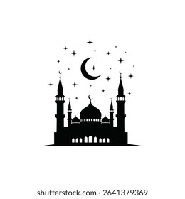 Black Silhouette Icon a Mosque With Minarets Beneath a Crescent Moon and Twinkling Stars