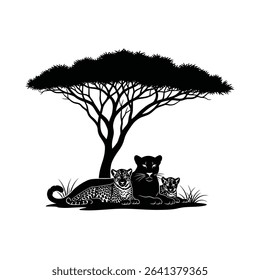 Black Silhouette Icon a Mother Arabian Leopard With Two Cubs Nestled Beside Her Under an Acacia Tree