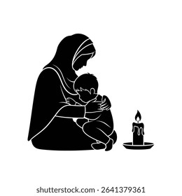 Black Silhouette Icon a Mother Comforting a Child Seated Beside a Candle, Representing Grief and Reverence on the Day of Ashura