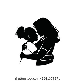 Black Silhouette Icon a Mother and Daughter of African Descent Sharing a Joyful Embrace, Representing Love and Generational Strength