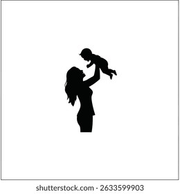 Black Silhouette Icon A mother gently lifting her baby into the air, in a minimalistic silhouette style on a white background