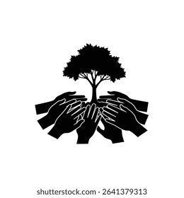 Black Silhouette Icon Multiple Hands Planting a Single Tree Together, Symbolizing Shared Hope and Brotherhood