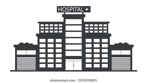 Black silhouette icon of multi-story hospital building. Vector illustration in flat style.