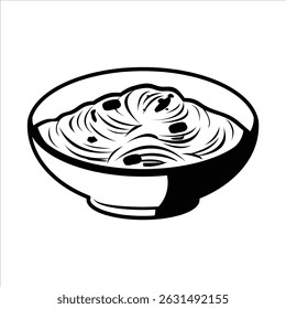 Um ícone de silhueta preta de macarrão, ilustrado como uma tigela com fios longos, um prato chinês básico.