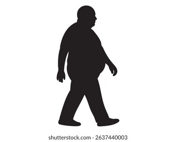 Black silhouette icon of overweight middle aged man walking isolated on white background. Concept of aging, mature adult male, body diversity, human figure, design element, minimalist style, motion.