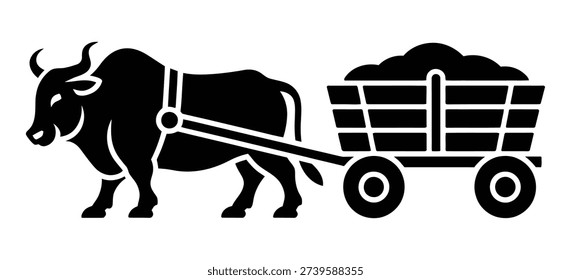 A black silhouette icon of an ox pulling a cart filled with earth, representing traditional farming and labor.
