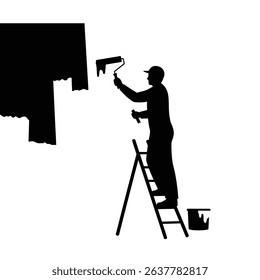 Black Silhouette Icon a Painter and Decorator Standing on a Ladder, Rolling Paint Onto a Wall