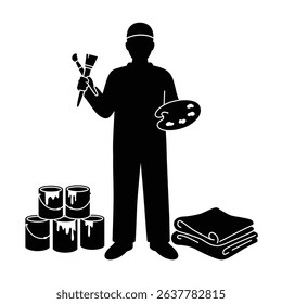 Black Silhouette Icon a Painter Standing Beside a Stack of Paint Cans and Drop Cloths