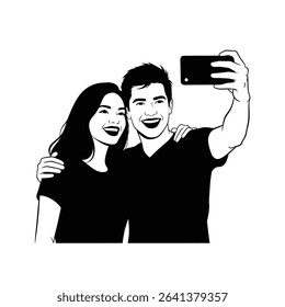 Black Silhouette Icon a Pair of Best Friends Taking a Selfie With Wide Smiles and Linked Arms